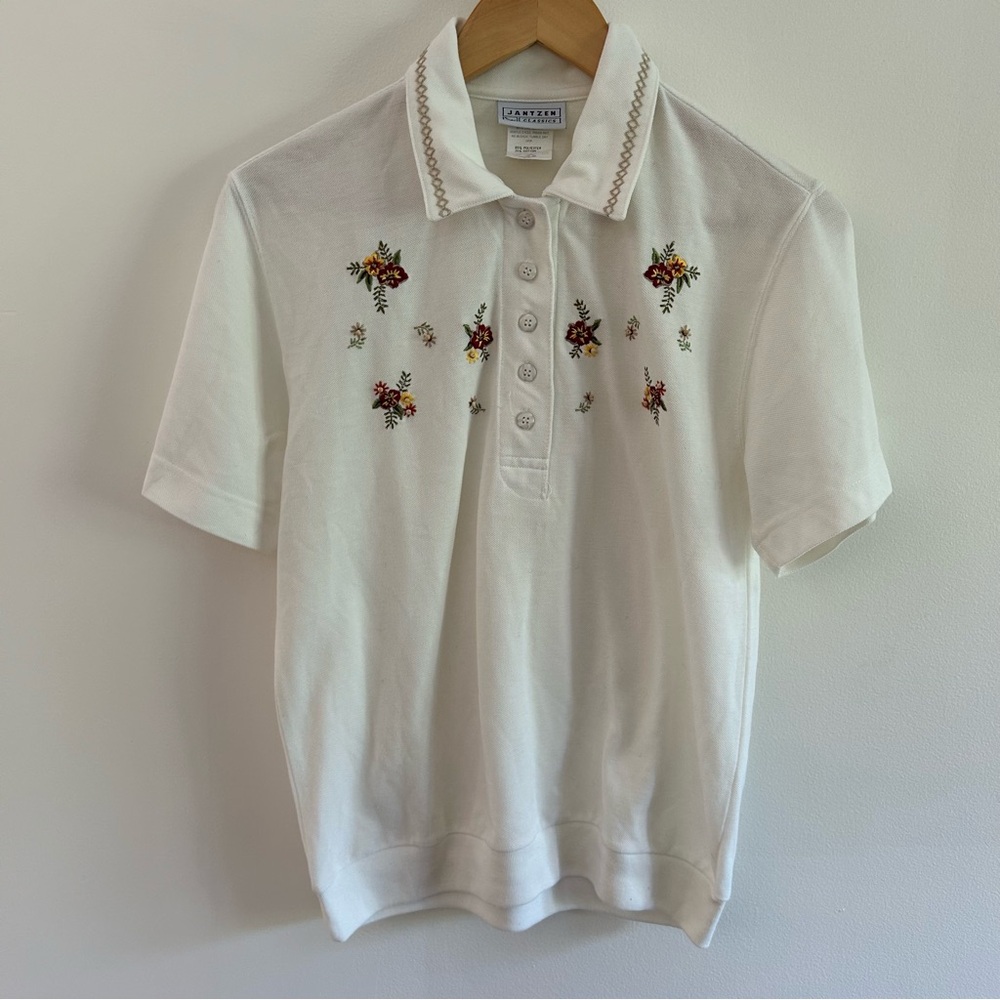 Jantzen White Vintage Polo Shirt with Floral Embroidery